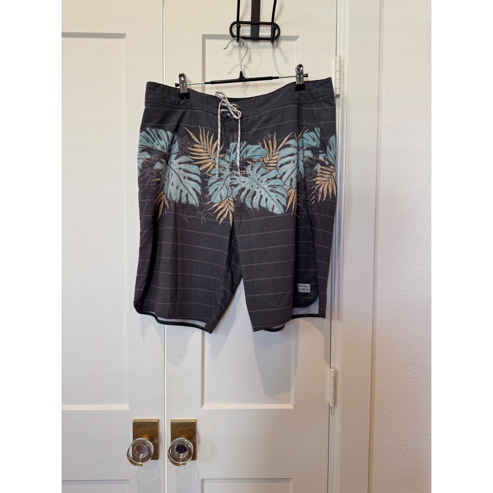 JACK O’NEILL Surf Black Aqua Palm Floral Stripe Swim Trunks Board Shorts Mens 33